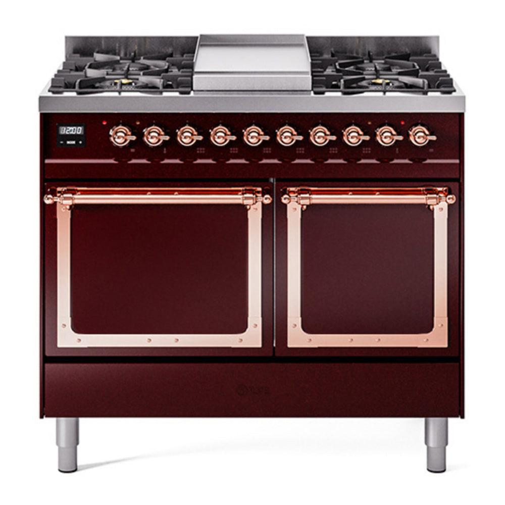 ILVE Nostalgie II Noblesse 40" Burgundy Dual Fuel Range with 6 Burners and Griddle Solid Door Natural Gas