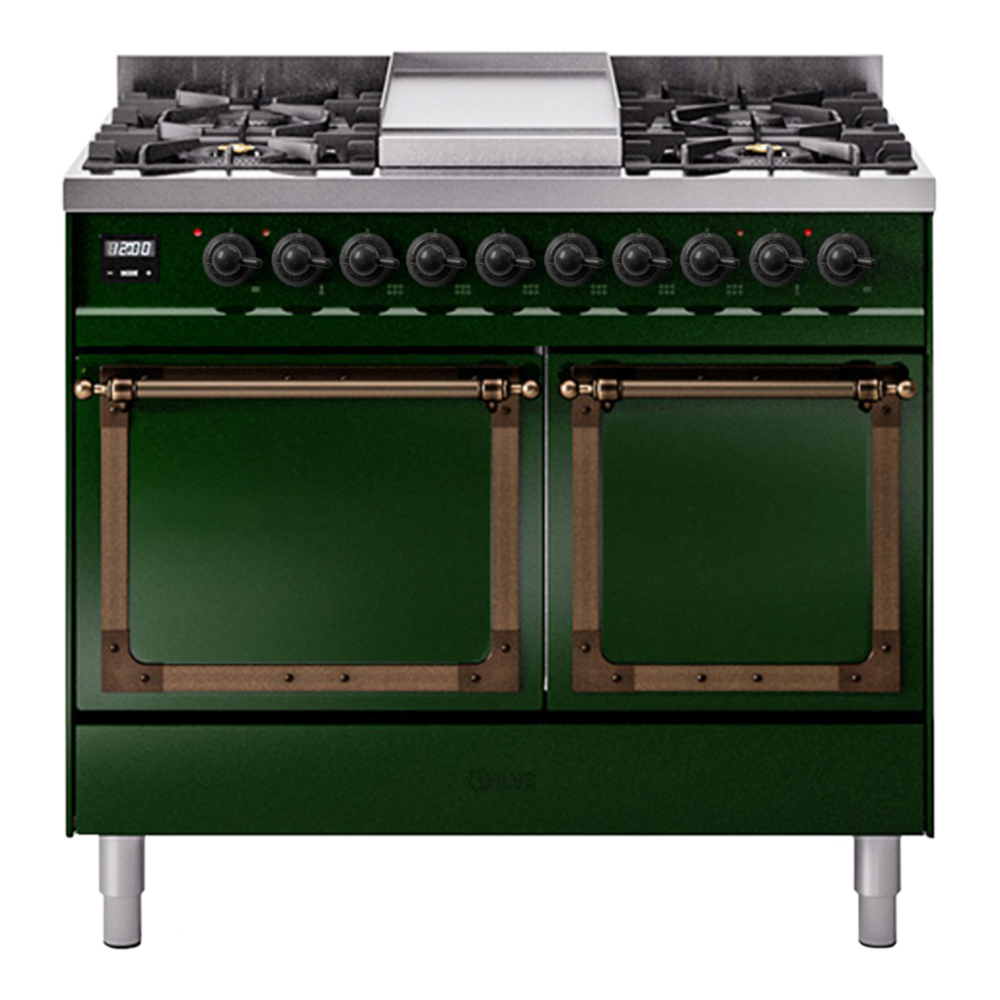 ILVE Nostalgie II Noblesse 40" Emerald Green Dual Fuel Range with 6 Burners and Griddle Solid Door Natural Gas