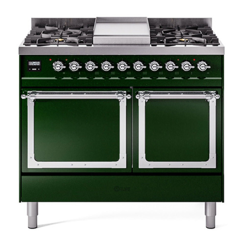 ILVE Nostalgie II Noblesse 40" Emerald Green Dual Fuel Range with 6 Burners and Griddle Solid Door Natural Gas