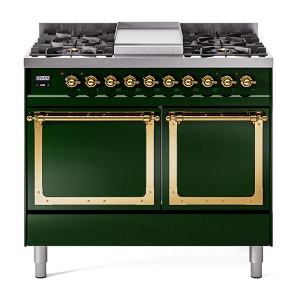 ILVE Nostalgie II Noblesse 40" Emerald Green Dual Fuel Range with 6 Burners and Griddle Solid Door Natural Gas