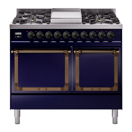 ILVE Nostalgie II Noblesse 40" Midnight Blue Dual Fuel Range with 6 Burners and Griddle Solid Door Natural Gas