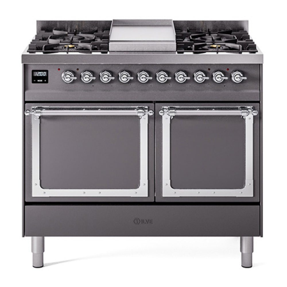 ILVE Nostalgie II Noblesse 40" Graphite Matte Dual Fuel Range with 6 Burners and Griddle Solid Door Natural Gas