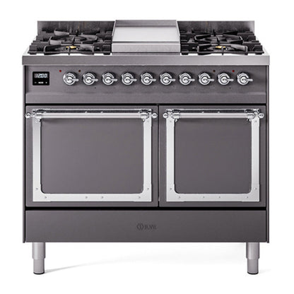 ILVE Nostalgie II Noblesse 40" Graphite Matte Dual Fuel Range with 6 Burners and Griddle Solid Door Natural Gas