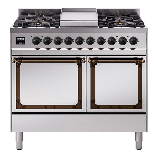ILVE Nostalgie II Noblesse 40" Stainless Steel Dual Fuel Range with 6 Burners and Griddle Solid Door Natural Gas