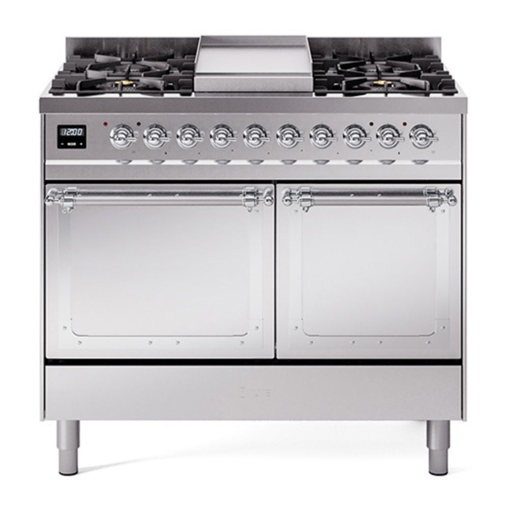 ILVE Nostalgie II Noblesse 40" Stainless Steel Dual Fuel Range with 6 Burners and Griddle Solid Door Natural Gas