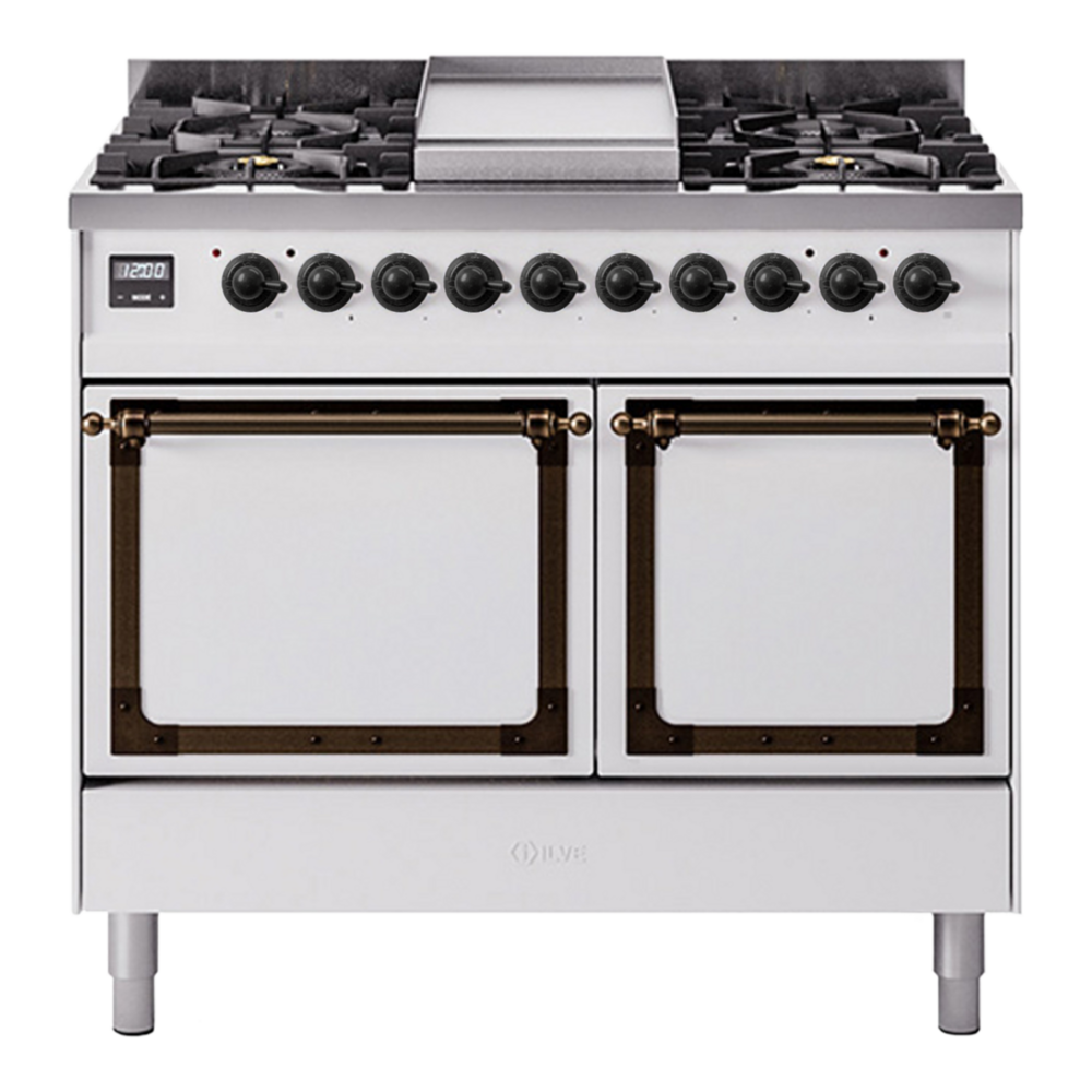 ILVE Nostalgie II Noblesse 40" White Dual Fuel Range with 6 Burners and Griddle Solid Door Natural Gas