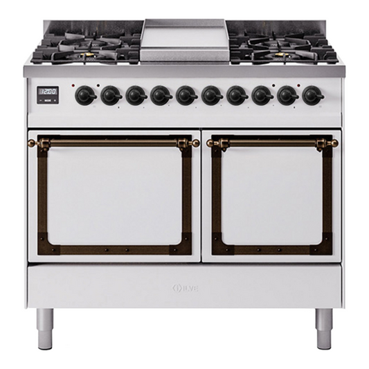 ILVE Nostalgie II Noblesse 40" White Dual Fuel Range with 6 Burners and Griddle Solid Door Natural Gas