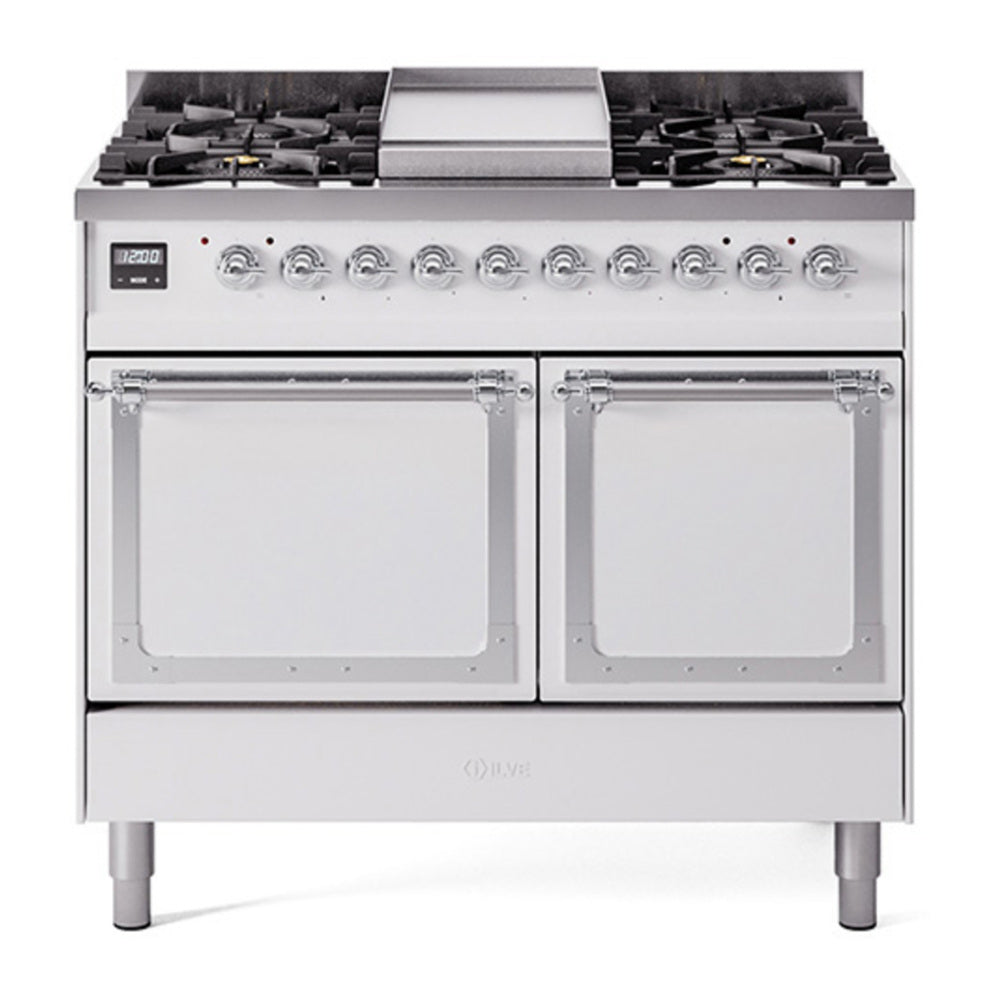 ILVE Nostalgie II Noblesse 40" White Dual Fuel Range with 6 Burners and Griddle Solid Door Natural Gas