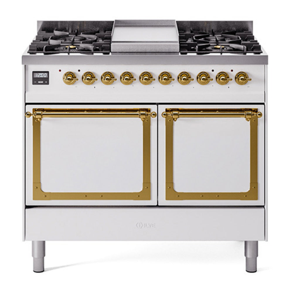 ILVE Nostalgie II Noblesse 40" White Dual Fuel Range with 6 Burners and Griddle Solid Door Natural Gas