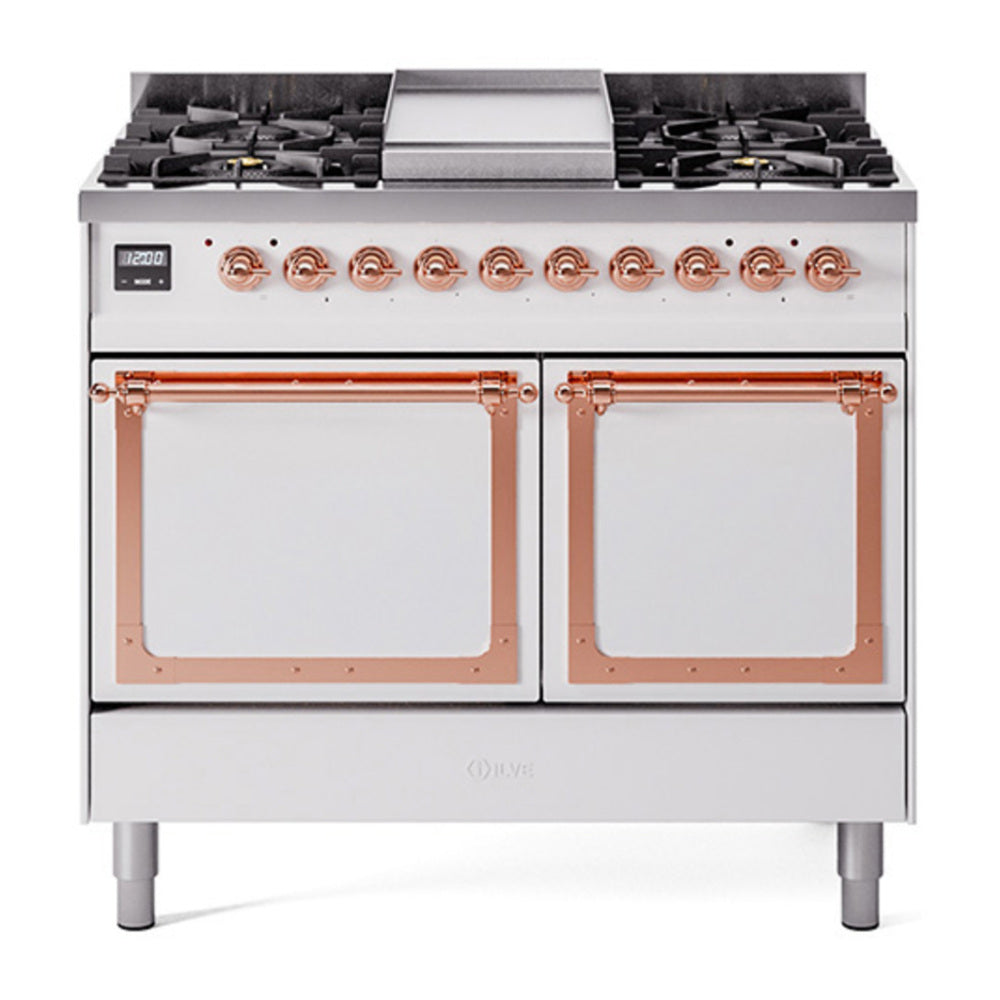 ILVE Nostalgie II Noblesse 40" White Dual Fuel Range with 6 Burners and Griddle Solid Door Natural Gas