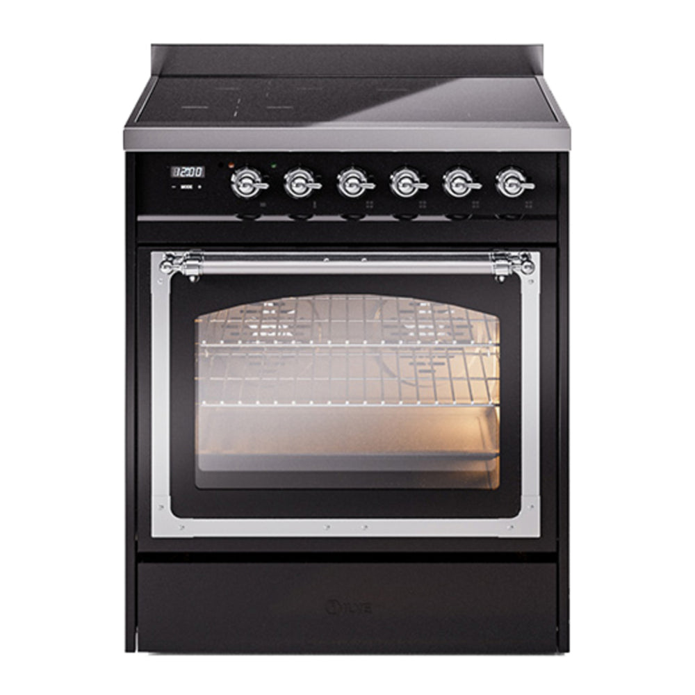 ILVE Nostalgie II Noblesse 30" Glossy Black Induction Range with 4 Elements Triple Glass Door