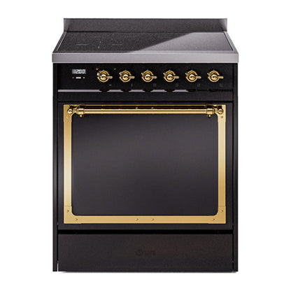 ILVE Nostalgie II Noblesse 30" Glossy Black Induction Range with 4 Elements Solid Door
