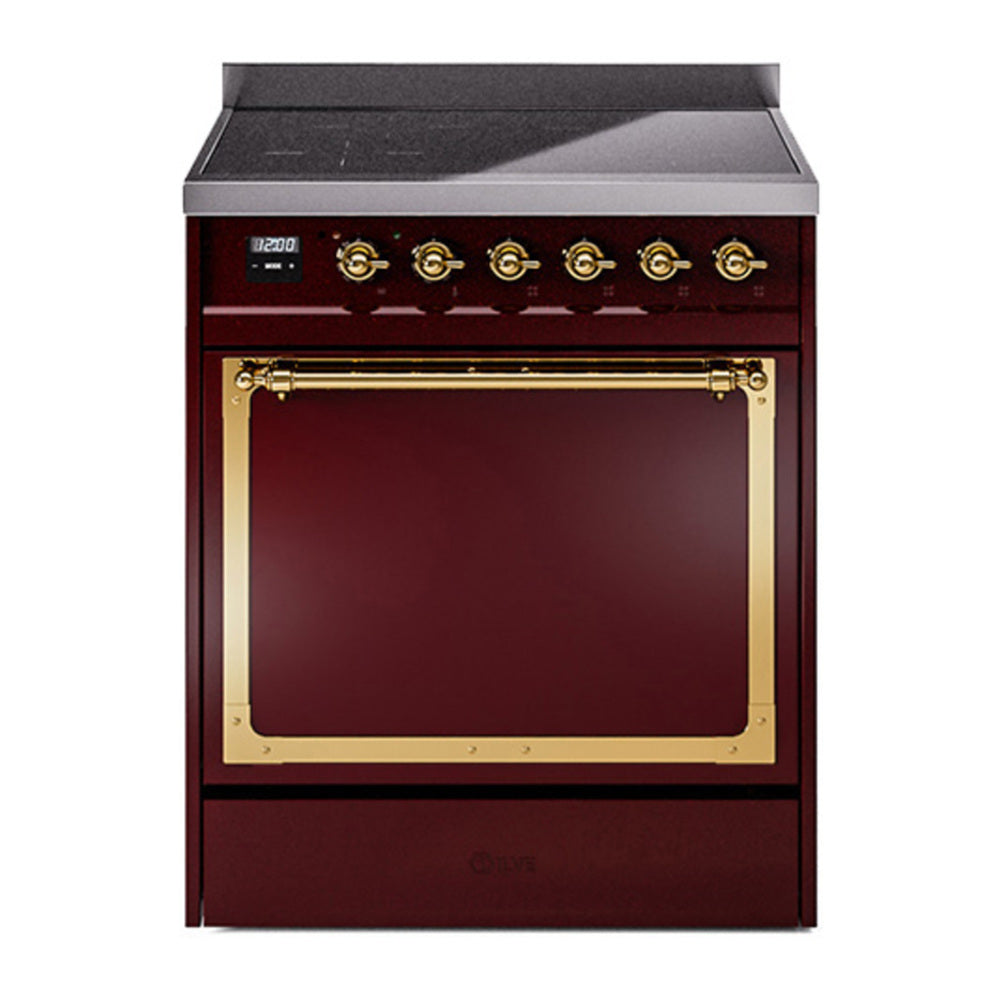 ILVE Nostalgie II Noblesse 30" Burgundy Induction Range with 4 Elements Solid Door