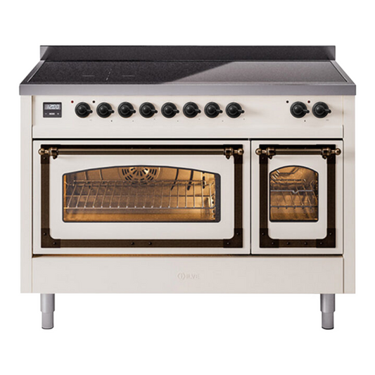 ILVE Nostalgie II Noblesse 48" Antique White Induction Range with 6 Elements Triple Glass Door