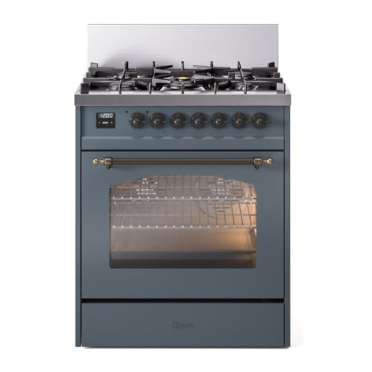 ILVE Nostalgie II 30" Blue Grey Dual Fuel Range with 5 Burners Triple Glass Door Liquid Propane
