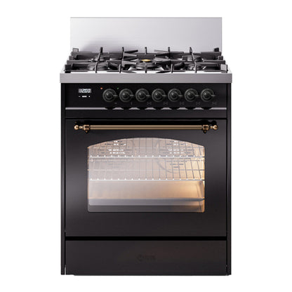 ILVE Nostalgie II 30" Glossy Black Dual Fuel Range with 5 Burners Triple Glass Door Natural Gas