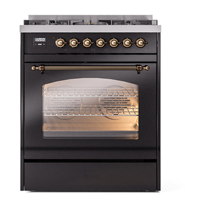 ILVE Nostalgie II 30" Glossy Black Dual Fuel Range with 5 Burners Triple Glass Door Natural Gas