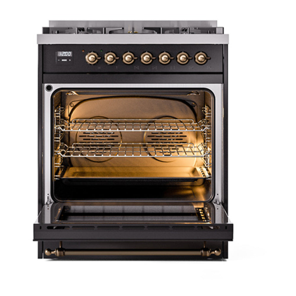 ILVE Nostalgie II 30" Glossy Black Dual Fuel Range with 5 Burners Triple Glass Door Natural Gas