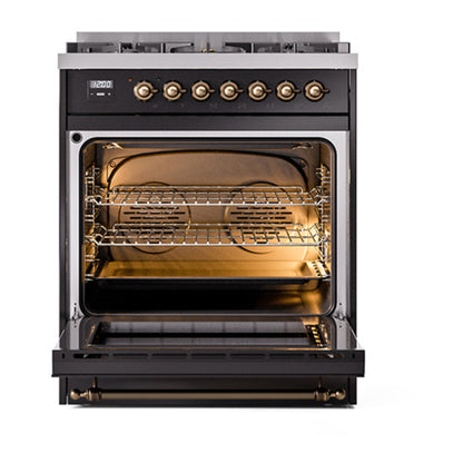 ILVE Nostalgie II 30" Glossy Black Dual Fuel Range with 5 Burners Triple Glass Door Natural Gas