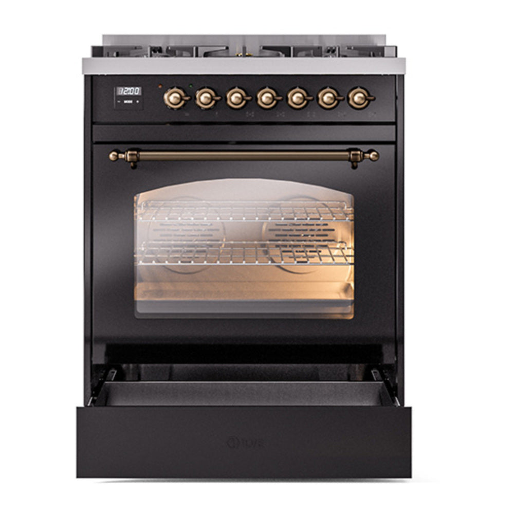 ILVE Nostalgie II 30" Glossy Black Dual Fuel Range with 5 Burners Triple Glass Door Natural Gas