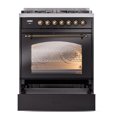 ILVE Nostalgie II 30" Glossy Black Dual Fuel Range with 5 Burners Triple Glass Door Natural Gas