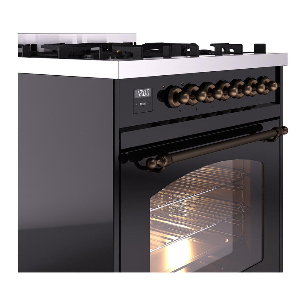 ILVE Nostalgie II 30" Glossy Black Dual Fuel Range with 5 Burners Triple Glass Door Natural Gas