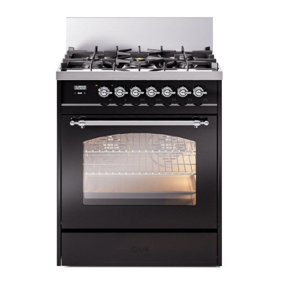 ILVE Nostalgie II 30" Glossy Black Dual Fuel Range with 5 Burners Triple Glass Door Natural Gas