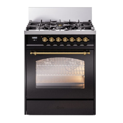 ILVE Nostalgie II 30" Glossy Black Dual Fuel Range with 5 Burners Triple Glass Door Natural Gas