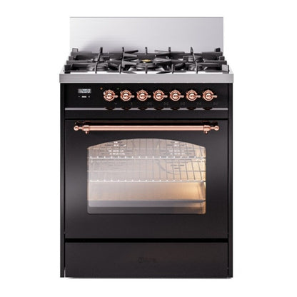 ILVE Nostalgie II 30" Glossy Black Dual Fuel Range with 5 Burners Triple Glass Door Natural Gas
