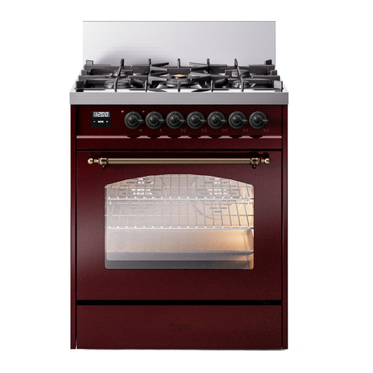 ILVE Nostalgie II 30" Burgundy Dual Fuel Range with 5 Burners Triple Glass Door Liquid Propane