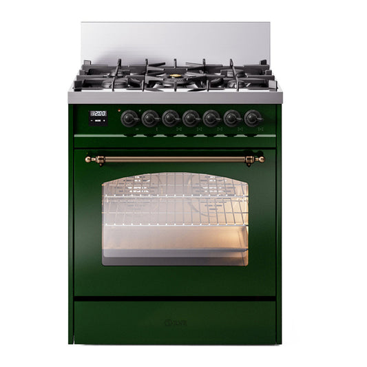 ILVE Nostalgie II 30" Emerald Green Dual Fuel Range with 5 Burners Triple Glass Door Natural Gas