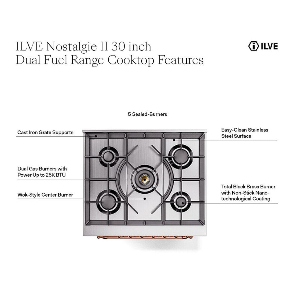 ILVE Nostalgie II 30" RAL Dual Fuel Range with 5 Burners Triple Glass Door Liquid Propane