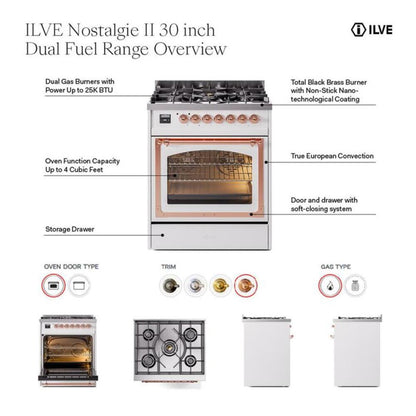 ILVE Nostalgie II 30" RAL Dual Fuel Range with 5 Burners Triple Glass Door Liquid Propane