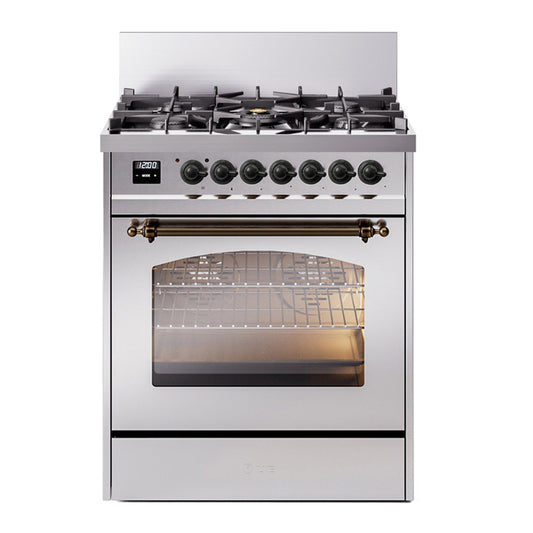 ILVE Nostalgie II 30" Stainless Steel Dual Fuel Range with 5 Burners Triple Glass Door Natural Gas