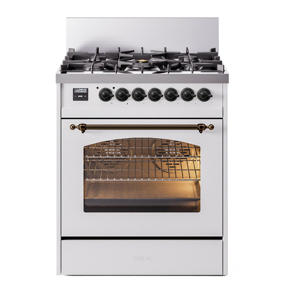 ILVE Nostalgie II 30" White Dual Fuel Range with 5 Burners Triple Glass Door Natural Gas