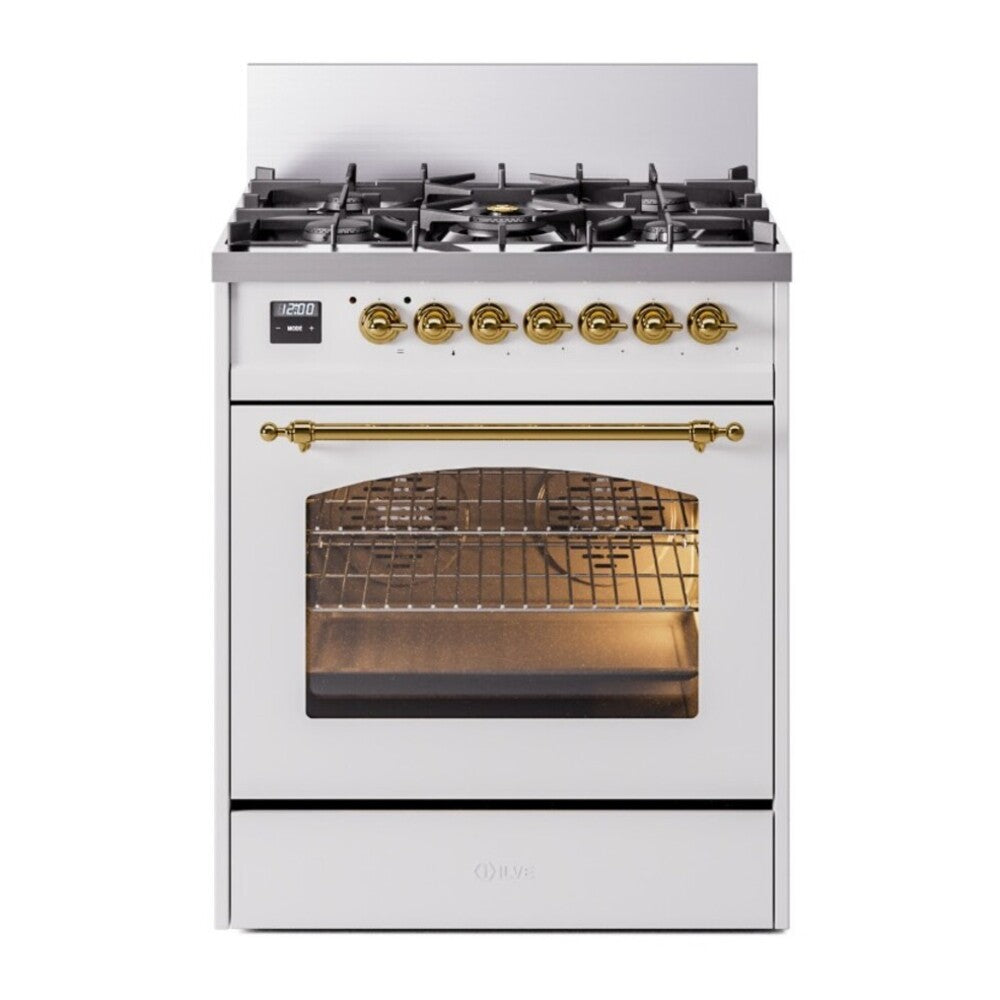 ILVE Nostalgie II 30" White Dual Fuel Range with 5 Burners Triple Glass Door Natural Gas