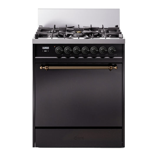 ILVE Nostalgie II 30" Glossy Black Dual Fuel Range with 5 Burners Solid Door Liquid Propane