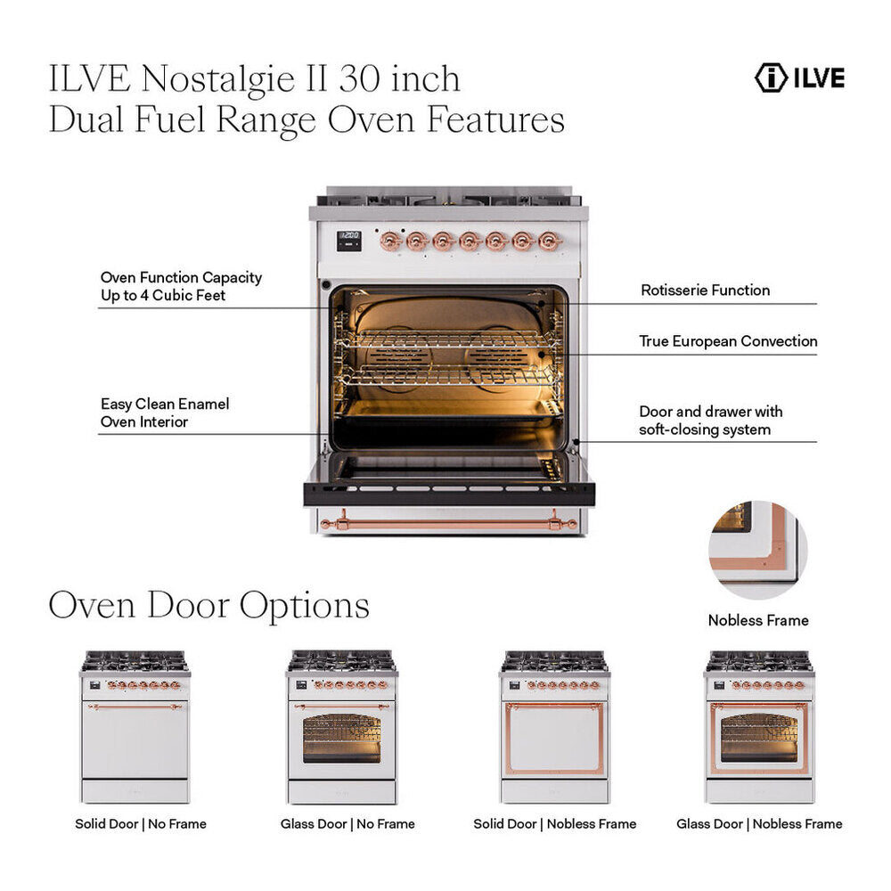 ILVE Nostalgie II 30" Burgundy Dual Fuel Range with 5 Burners Solid Door Liquid Propane