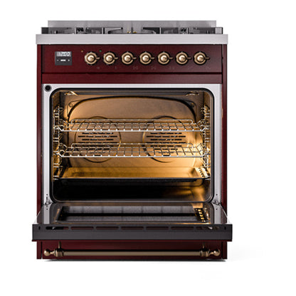 ILVE Nostalgie II 30" Burgundy Dual Fuel Range with 5 Burners Solid Door Liquid Propane