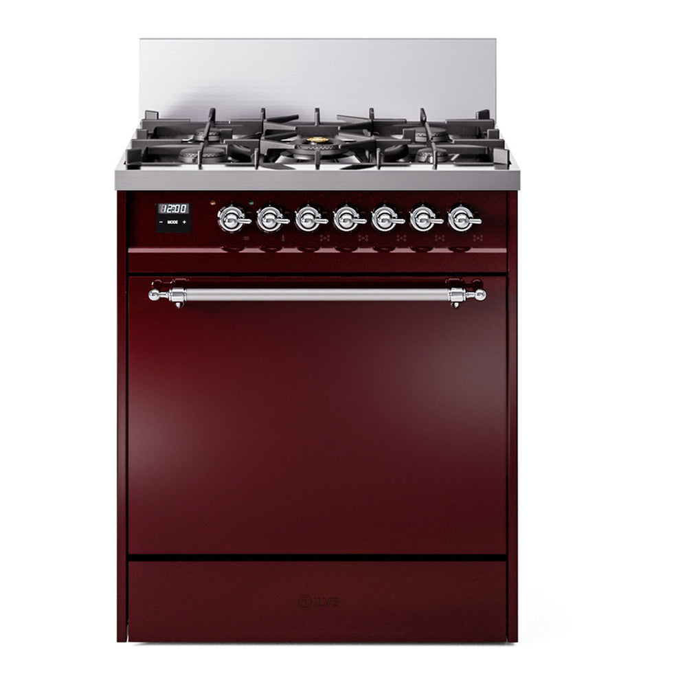 ILVE Nostalgie II 30" Burgundy Dual Fuel Range with 5 Burners Solid Door Liquid Propane