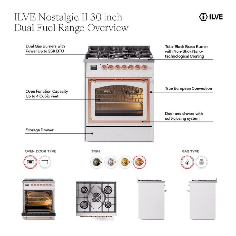 ILVE Nostalgie II 30" Midnight Blue Dual Fuel Range with 5 Burners Solid Door Natural Gas