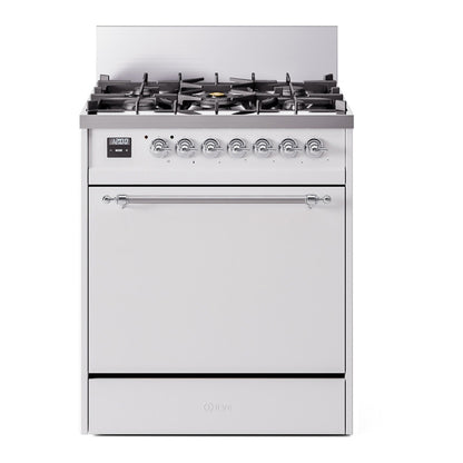 ILVE Nostalgie II 30" White Dual Fuel Range with 5 Burners Solid Door Natural Gas