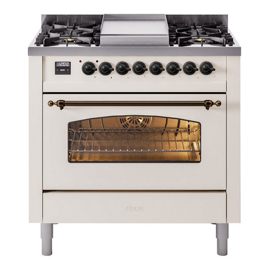 ILVE Nostalgie II 36" Antique White Dual Fuel Range with 6 Burners and Griddle Triple Glass Door Liquid Propane