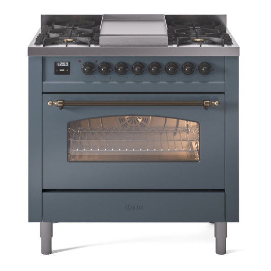 ILVE Nostalgie II 36" Blue Grey Dual Fuel Range with 6 Burners and Griddle Triple Glass Door Liquid Propane