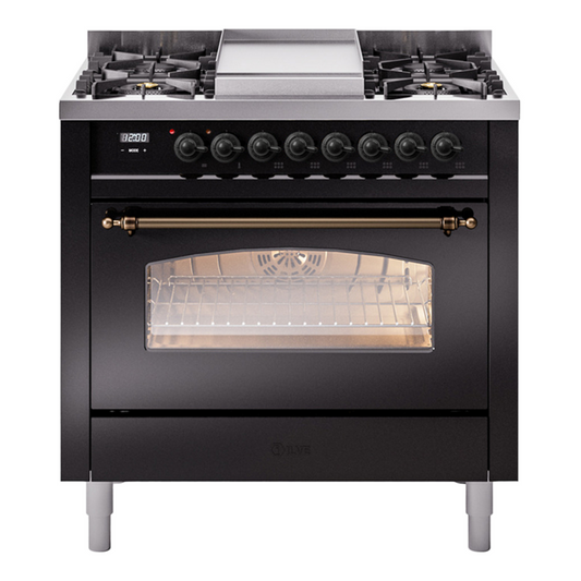 ILVE Nostalgie II 36" Glossy Black Dual Fuel Range with 6 Burners and Griddle Triple Glass Door Liquid Propane