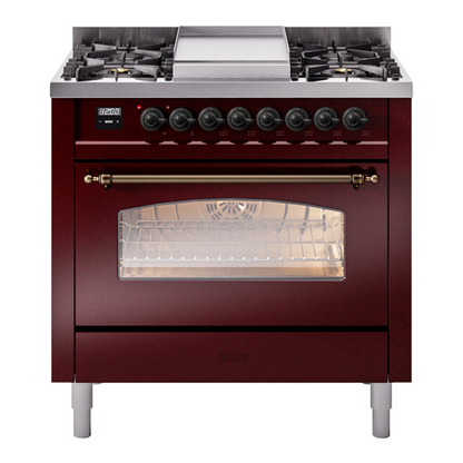 ILVE Nostalgie II 36" Burgundy Dual Fuel Range with 6 Burners and Griddle Triple Glass Door Liquid Propane