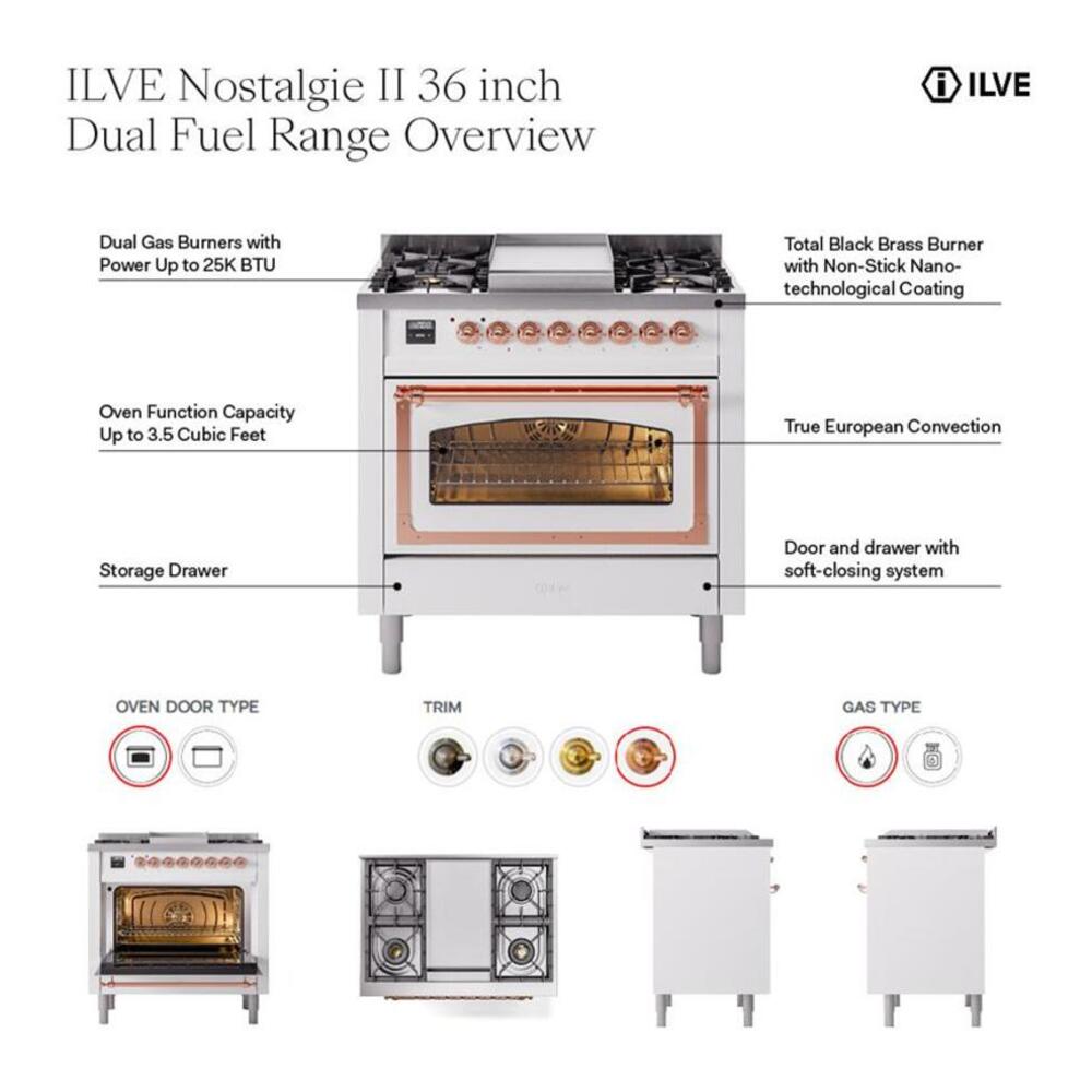 ILVE Nostalgie II 36" Burgundy Dual Fuel Range with 6 Burners and Griddle Triple Glass Door Liquid Propane