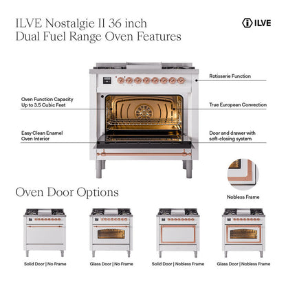 ILVE Nostalgie II 36" Burgundy Dual Fuel Range with 6 Burners and Griddle Triple Glass Door Liquid Propane