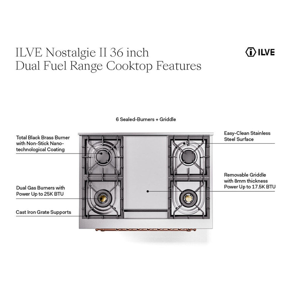 ILVE Nostalgie II 36" Burgundy Dual Fuel Range with 6 Burners and Griddle Triple Glass Door Liquid Propane