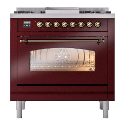 ILVE Nostalgie II 36" Burgundy Dual Fuel Range with 6 Burners and Griddle Triple Glass Door Liquid Propane